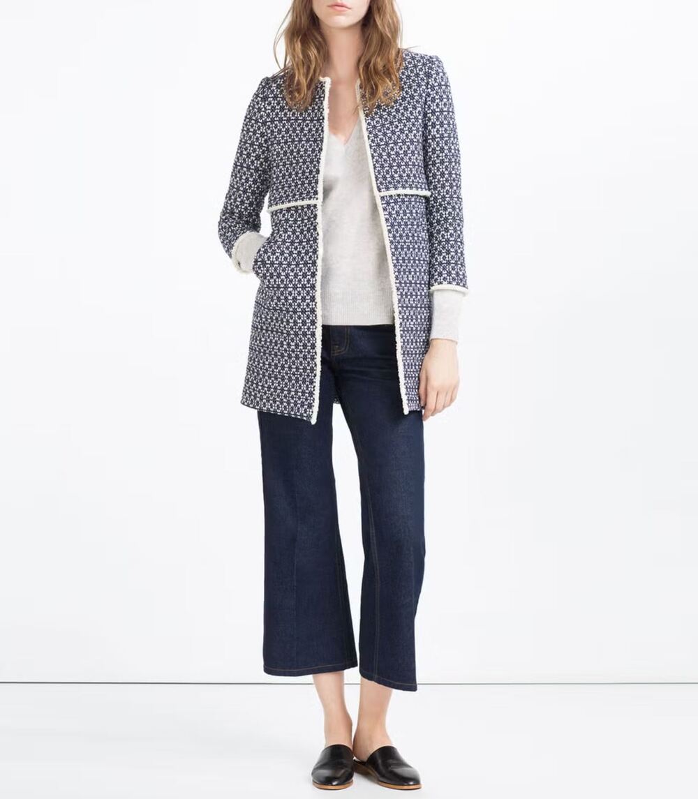 Zara Tweed Open‎ Front Lady Jacket Small Navy White Jacquard Viral "That Coat"